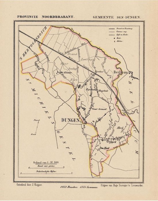 Historische kaart, plattegrond van gemeente Den Dungen in Noord Brabant uit 1867 door Kuyper van Kaartcadeau.com
