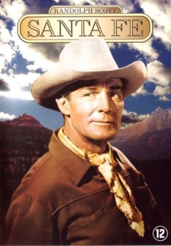 Randolph Scott als cowboy met cowboyhoed, sjaal en bruine blouse, met bergen op de achtergrond.