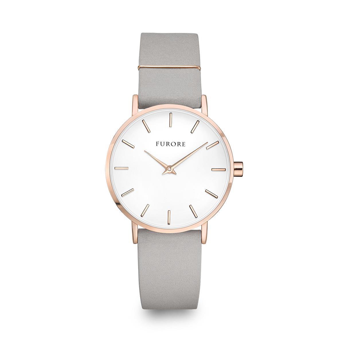 Furore - Dazzling Nature - FU 6009 - dameshorloge - 33mm - leren band - ring - grijs en rosé