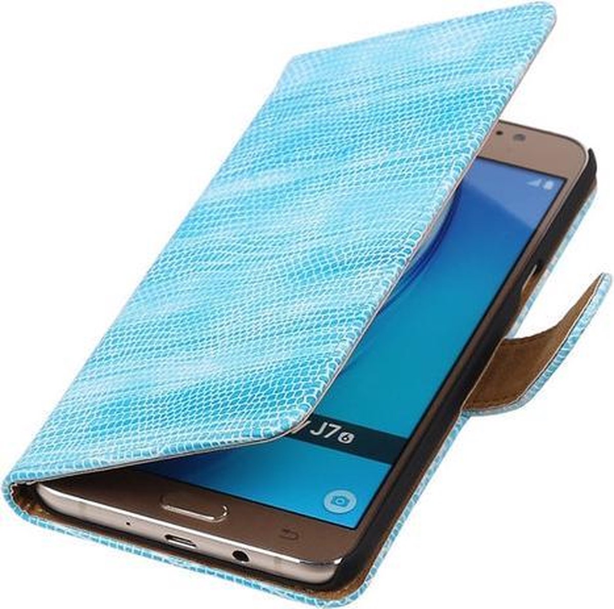 Turquoise Mini Slang booktype cover hoesje voor Samsung Galaxy J7 2016
