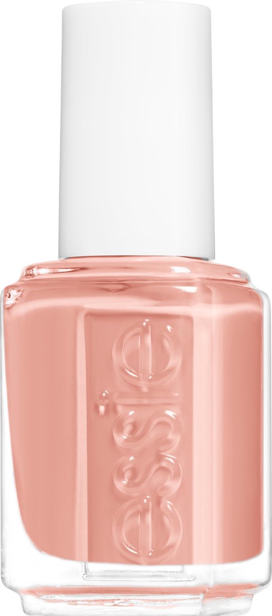 Essie nagellakflesje in een zachte, perzikachtige roze kleur met witte dop.