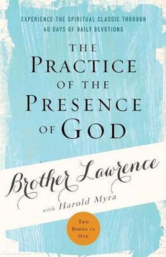 Boek "The Practice of the Presence of God" door Brother Lawrence. Blauw met witte aquarel achtergrond.