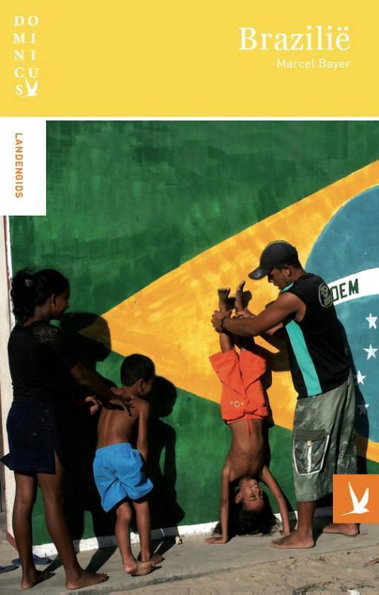 Een man houdt een jongen ondersteboven voor een muurschildering van de Braziliaanse vlag. Een andere jongen kijkt toe.