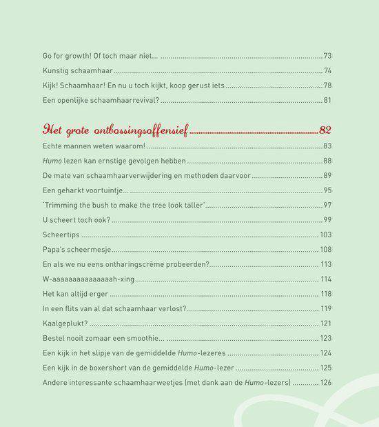 Boekpagina met inhoudsopgave. Titels van secties zoals 'Het grote ontbossingsoffensief'.