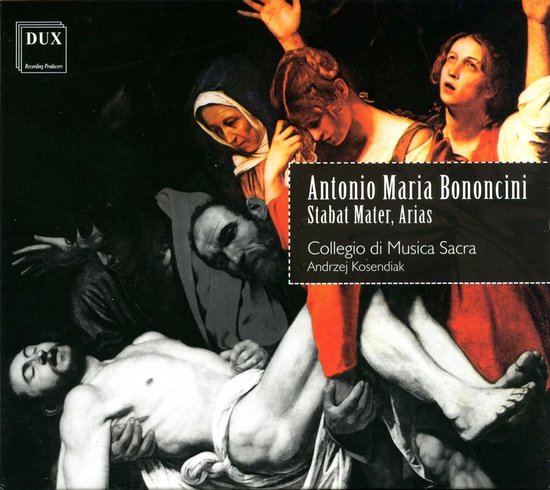 CD-hoes met schilderij van een groep mensen rondom een liggende figuur. Titel: Antonio Maria Bononcini, Stabat Mater, Arias.