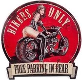 Metalen wandbord bikers only -free parking in rear - rood zwart beige - ca. 30 x 30 cm