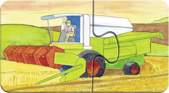 Een groene maaidorser oogst een goudgeel graanveld.