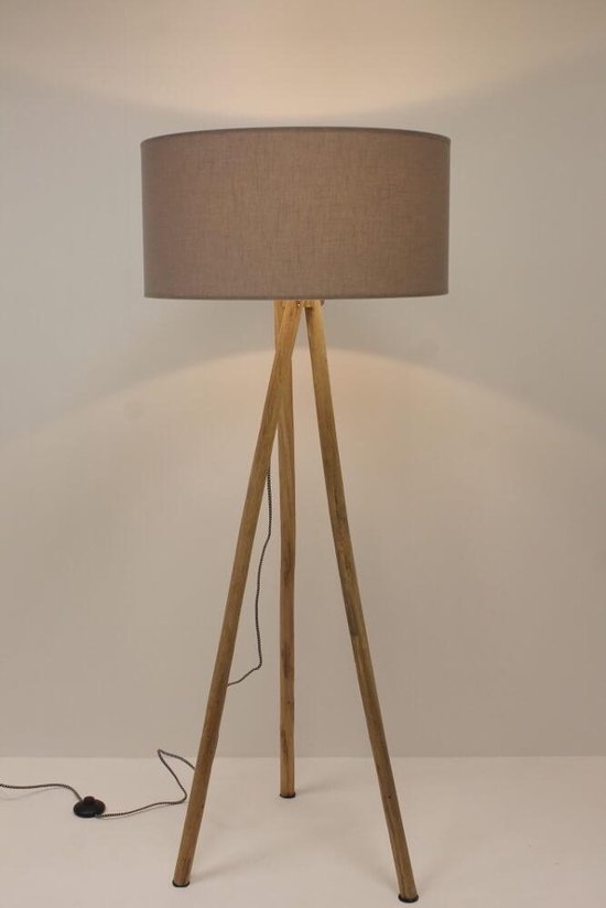 Houten vloerlamp WOOD driepoot | handgemaakte kap taupe Ø 55 cm | bol.com