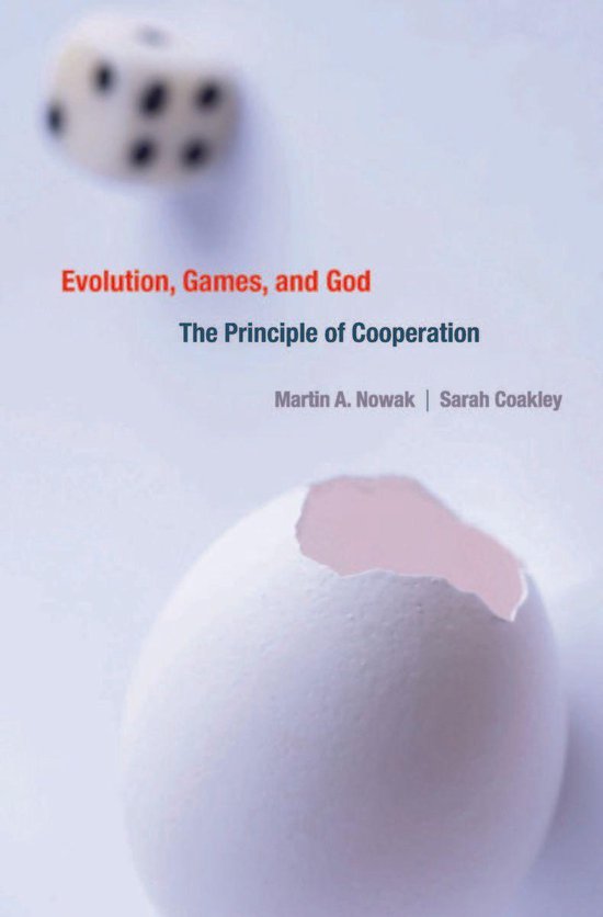 Boekomslag van 'Evolution, Games, and God: The Principle of Cooperation' met dobbelsteen en gebroken ei.