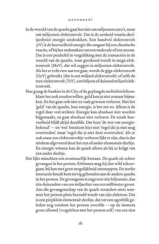 Pagina uit een boek met tekst over de wereld van de quarks, elektronen en het Higgsdeeltje.