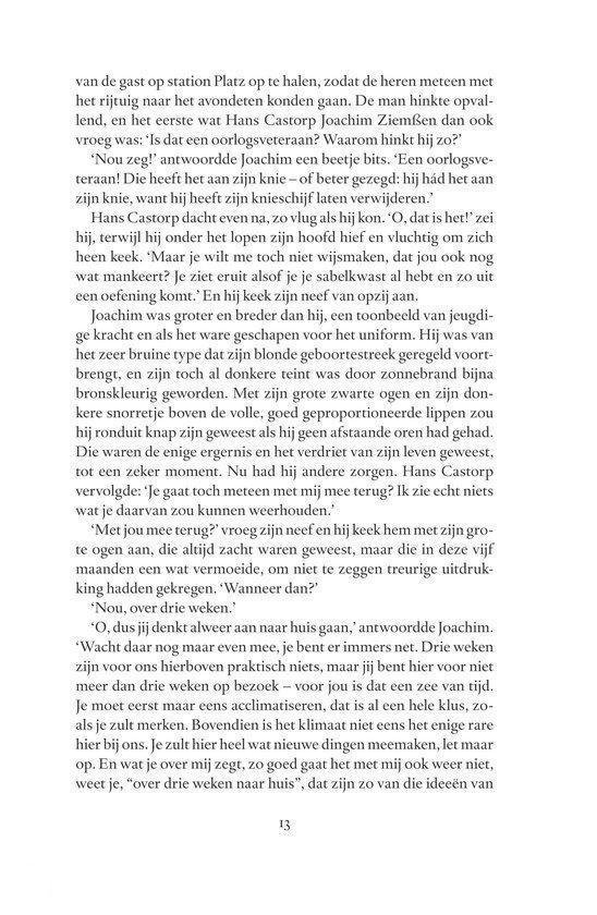 Tekstpagina uit een boek met een paragraaf over de veranderde kijk van Hans Castorp op het leven en zijn relatie met Joachim.