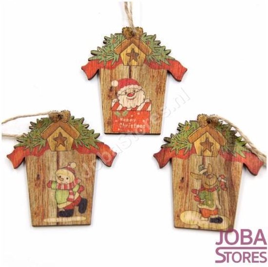 Houten Kerst Hangers Huis Assorti (9 stuks)
