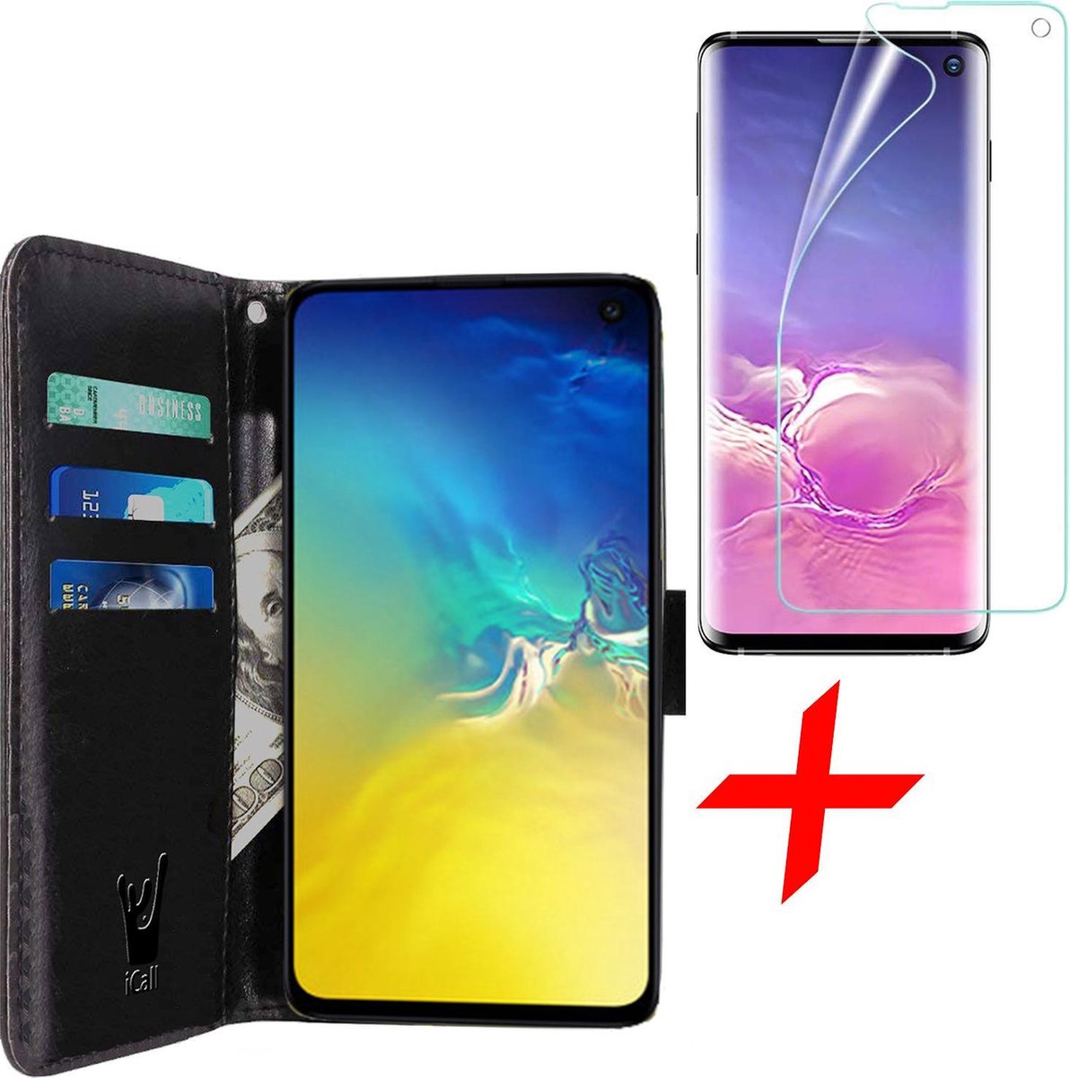 Hoesje geschikt voor Samsung S10e en Screen Protector - Book Case Kunstleer Wallet Zwart + Screenprotector
