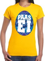 Geel Paas t-shirt met blauw paasei - Pasen shirt voor dames - Pasen kleding XL
