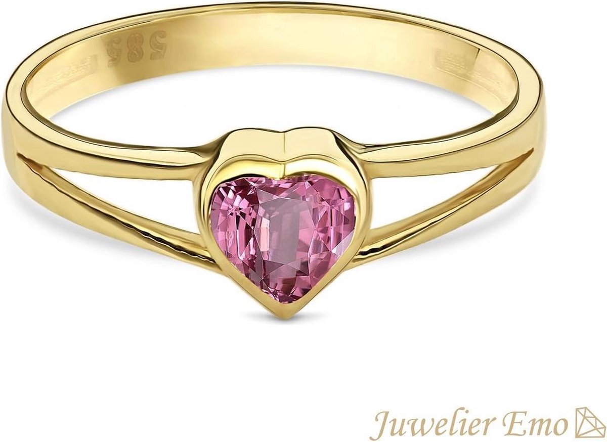 Juwelier Emo – 14 Karaat Gouden Kinderring meisjes met Roze Hart Zirkonia - KIDS - MAAT 13.00 - Juwelier Emo