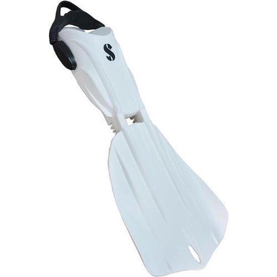 Palme externe Scubapro Seawing Nova 2 blanche, en biais par l'avant, avec boucle noire.
