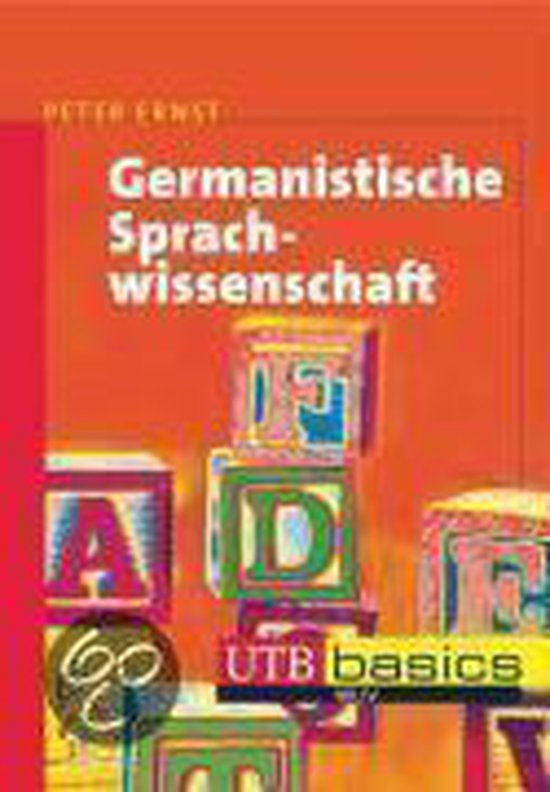 Livre "Germanistische Sprachwissenschaft" avec les lettres A, D, F et E sur des blocs, fond orange.