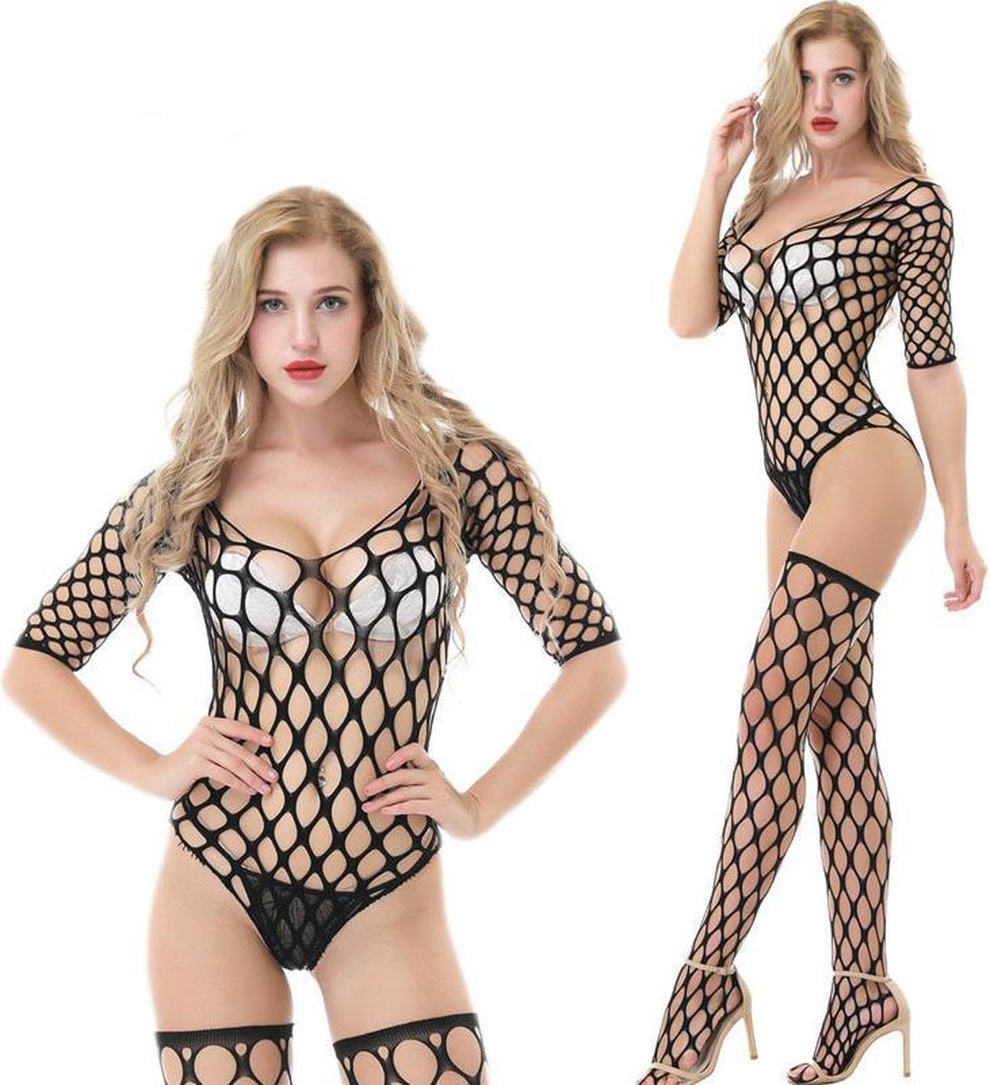 Zwarte korte Bodystocking met kousen grote fishnet - Ilse