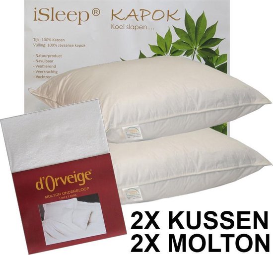 iSleep Kapok Hoofdkussen Set (2 Kussens + 2 Moltonslopen) - 60x70 cm