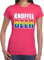 Gay pride knuffelbeer t-shirt - roze shirt met regenboog tekst voor dames - lgbt kleding M