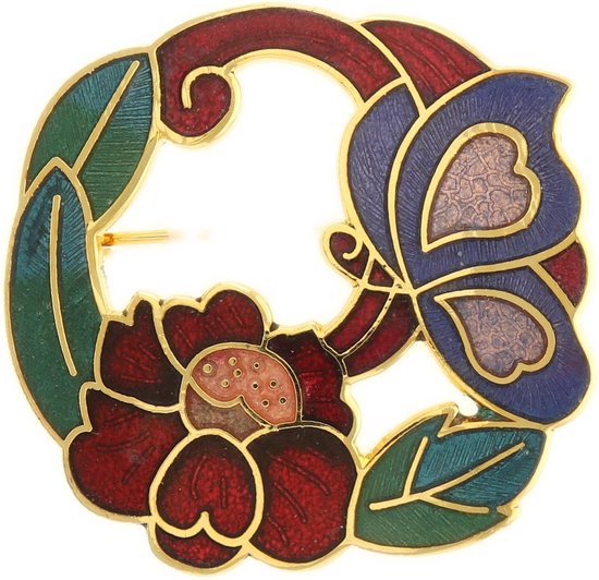 Behave Dames Broche rond met bloem en vlinder bruin rood - emaille sierspeld - sjaalspeld 4 cm