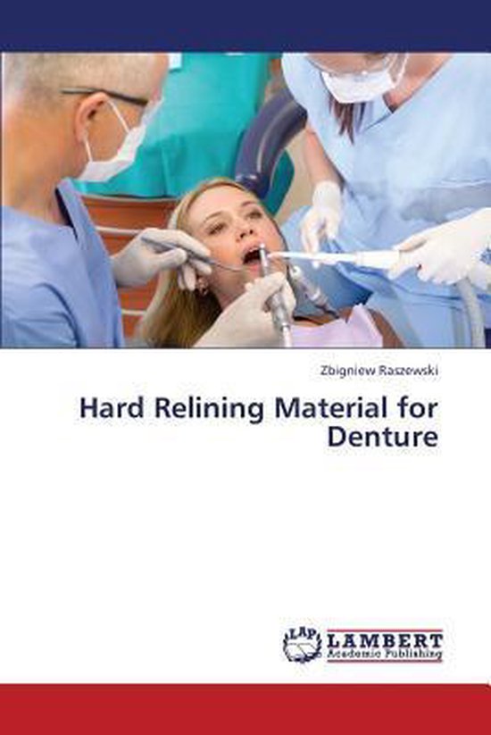 Een vrouw krijgt een tandheelkundige behandeling met een boor. Opschrift: Hard Relining Material for Denture.