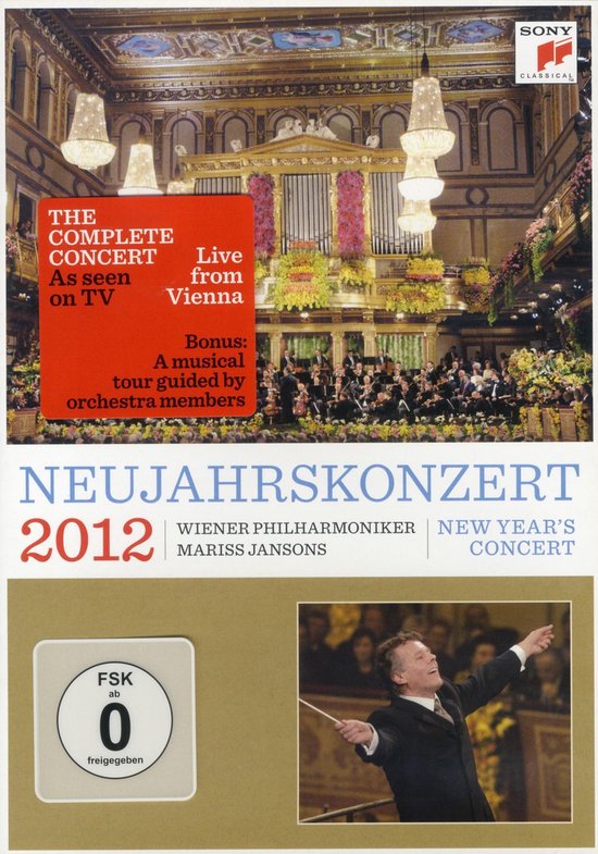 Hoes van de DVD van het Nieuwjaarsconcert 2012 met Mariss Jansons. Een orkest speelt in een zaal met kroonluchters.