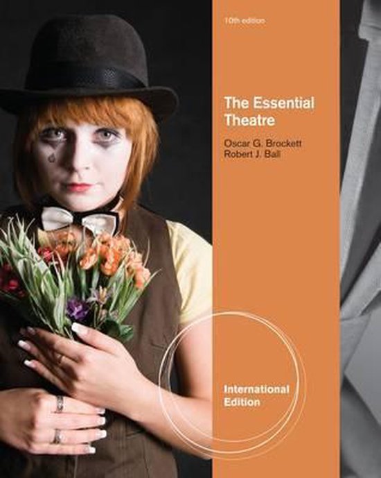 Vrouw met clownsmake-up, zwarte hoed, strikje en bloemen, met de titel 'The Essential Theatre'.
