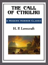 Boekcover van "The Call of Cthulhu" met een dramatisch landschap van rotsen en water bij zonsondergang.