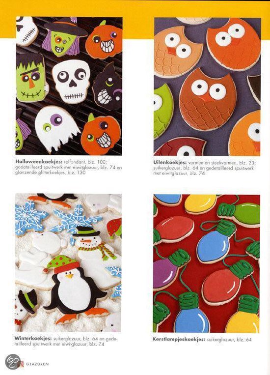 Koekjes in Halloween-, uilen-, winter- en kerstthema. Met gedetailleerde spuit- en glazuurdecoraties.