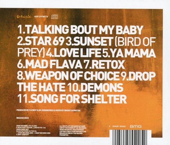 Achterkant CD hoes met titellijst: 'Talking Bout My Baby', 'Star 69', 'Sunset (Bird of Prey)', 'Love Life', 'Ya Mama', 'Mad Flava', 'Retox', 'Weapon of Choice', 'Drop the Hate', 'Demons', 'Song for Shelter'.