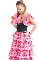 Spaanse flamenco jurk roze zwart, maat 10 - kledingmaat 128-134) 7-8 jaar verkleedkleding verkleedkleren meisje prinses