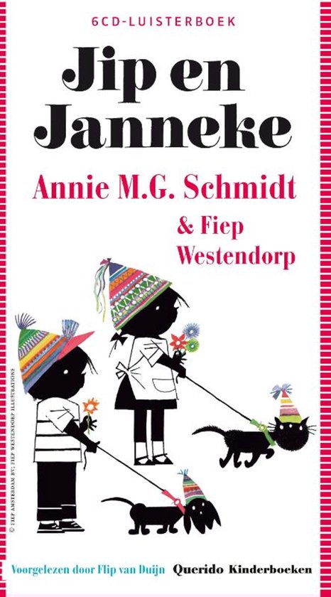 6CD-luisterboek Jip en Janneke van Annie M.G. Schmidt & Fiep Westendorp. Zwarte silhouetten van twee kinderen met kleurrijke mutsen en sjaals, met een kat en hond aan de lijn.