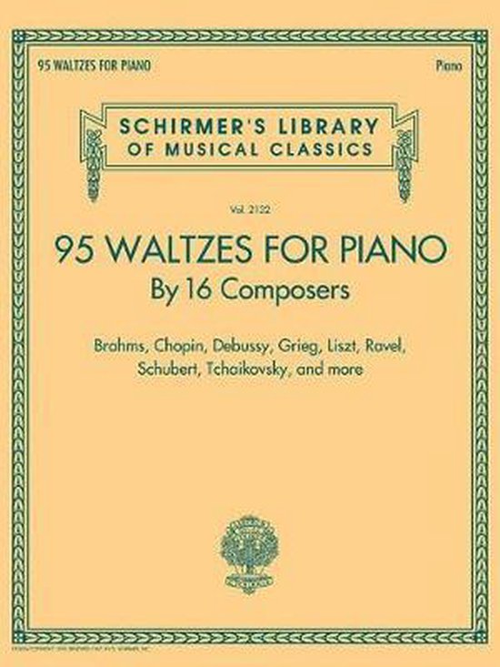 Livre de musique '95 Waltzes for Piano by 16 Composers'. La couverture est orange avec des lettres dorées.