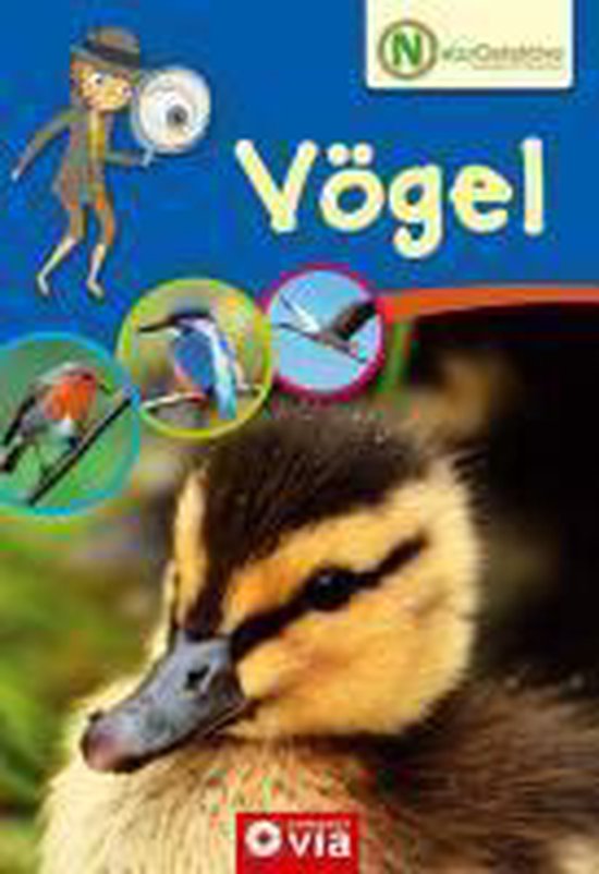 Boek 'Vogels' met een eendenkuiken op de voorgrond en afbeeldingen van een roodborstje, ijsvogel en vliegende vogel.