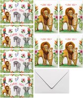 Kaartenset love & thanks - 10 stuks - 5 bedankkaarten - 5 liefdeskaarten - A6 - Gevouwen wenskaarten met envelop - Papegaai - Zebra - Olifant - Leeuwen - Schilderingen in aquarel d