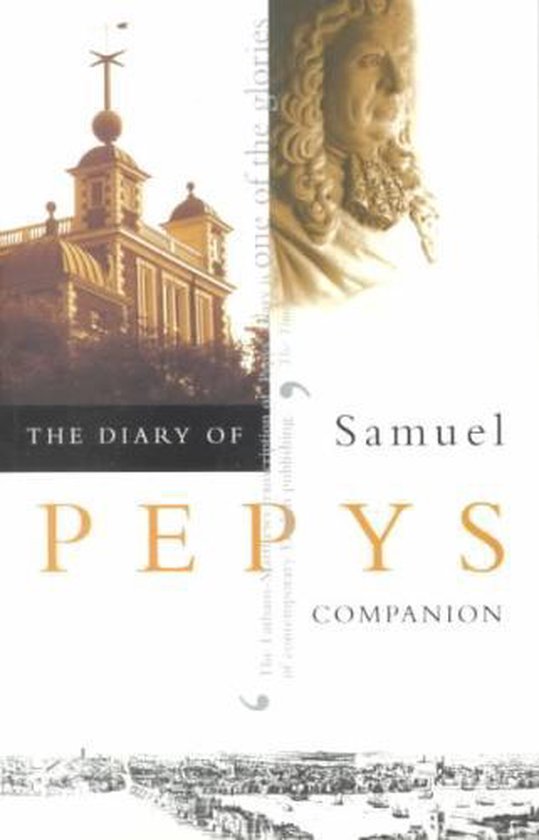 Boekomslag: 'The Diary of Pepys Companion' met afbeeldingen van het Old Royal Naval College en Samuel Pepys.