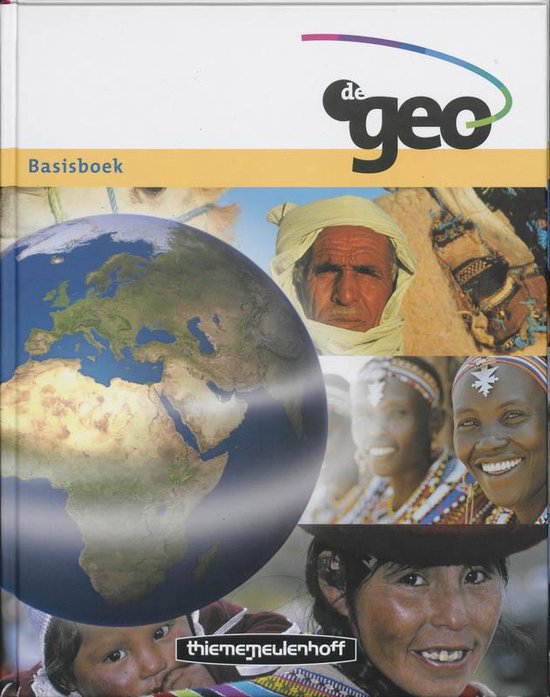 Basisboek De Geo met beelden van de aarde, een oude man met hoofddoek, vrouwen met traditionele kleding en een kind.