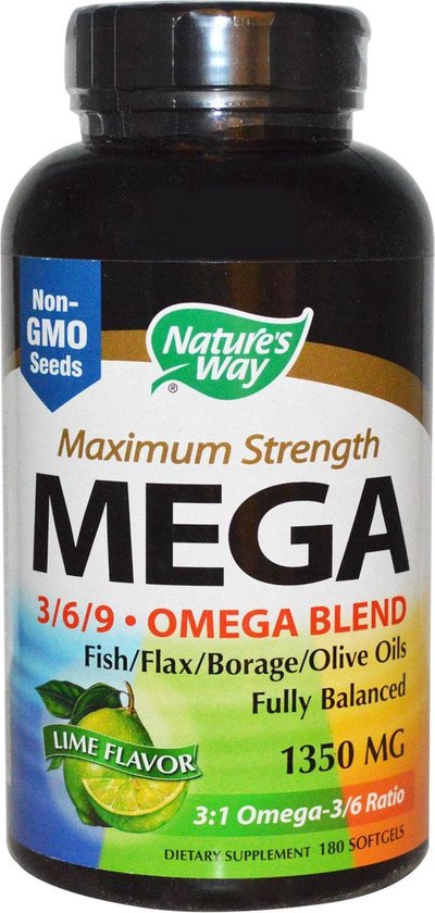 Nature's Way Maximale sterkte Omega 3/6/9 Mix, Limoen smaak, 1350 mg - 180 gelcapsules - Visolie - Voedingssupplement