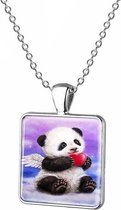 Fako Bijoux® - Ketting - Cabochon - Vierkant - Panda - Blauw/Paars