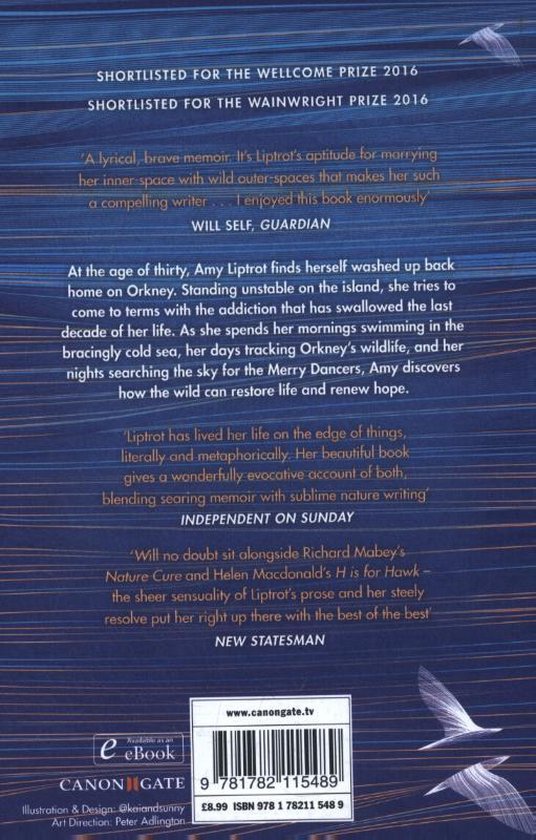Dos du livre 'The Outrun' d'Amy Liptrot, avec des témoignages et une illustration d'oiseaux blancs.