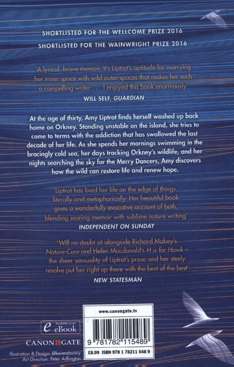 Dos du livre 'The Outrun' d'Amy Liptrot, avec des témoignages et une illustration d'oiseaux blancs.