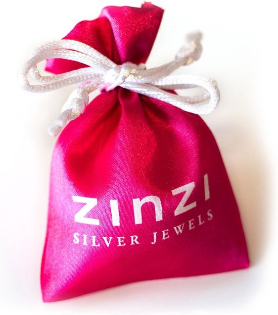 Felroze satijnen zakje met trekkoord en de tekst "zinzi SILVER JEWELS".