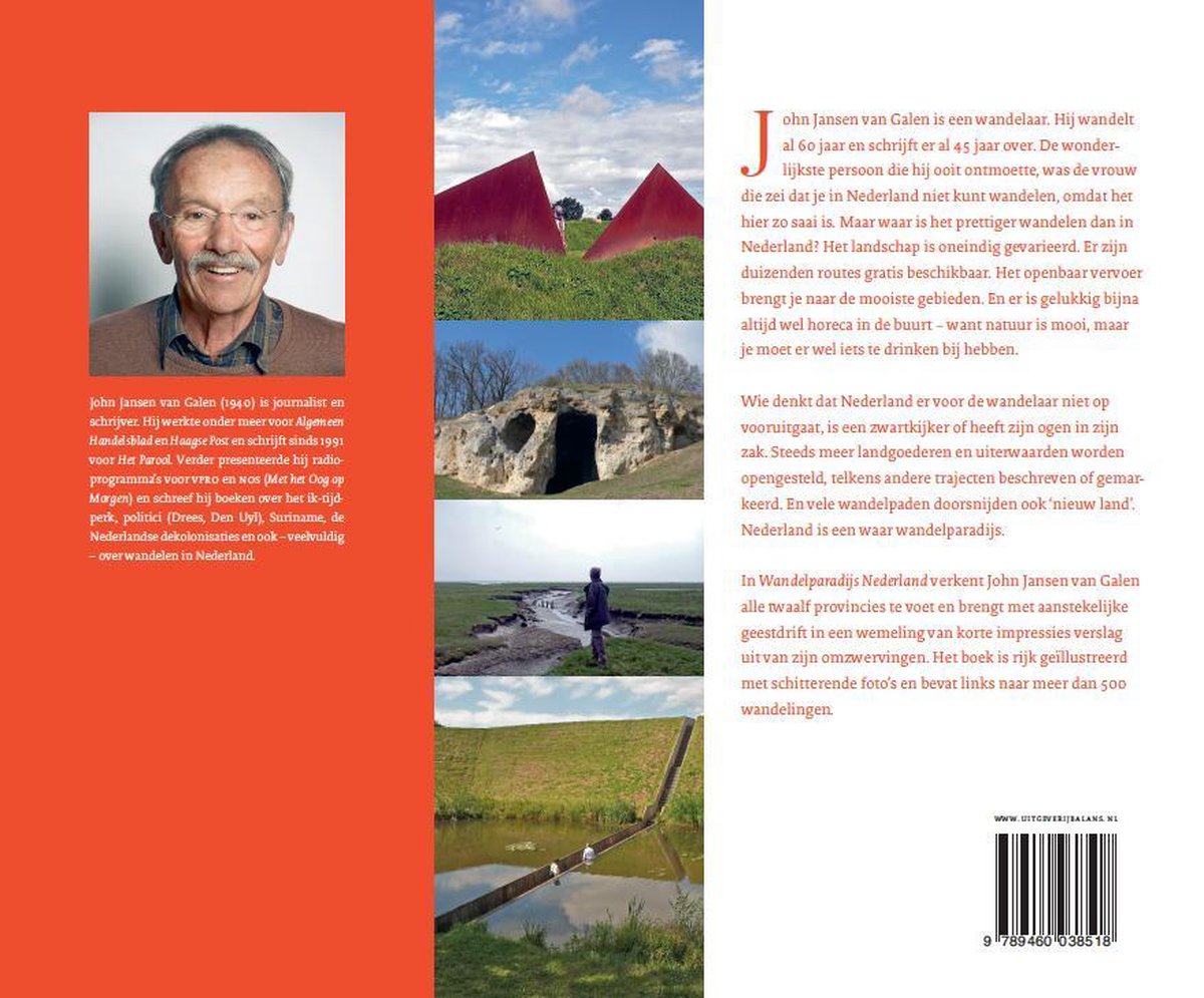 Achterkant boek: Portret van John Jansen van Galen, een man in een rood jasje. Twee rode sculpturen in een weiland, een grot en een persoon die langs een rivier loopt.
