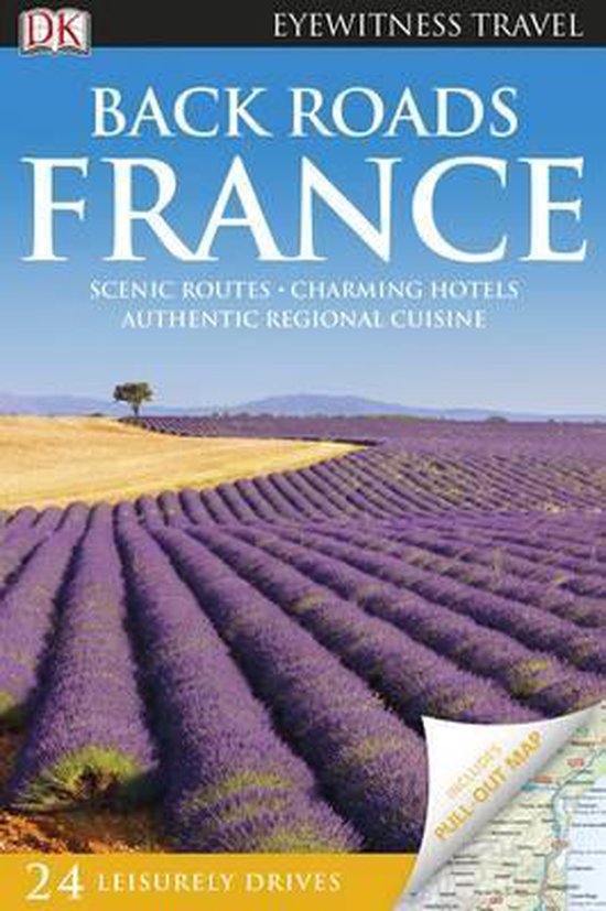 Boek 'Back Roads France' met lavendelvelden en een eenzame boom onder een blauwe lucht.