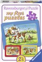 Verpakking van Ravensburger Puzzel mijn eerste puzzels 3x6. Toont een hond, kat en konijn.