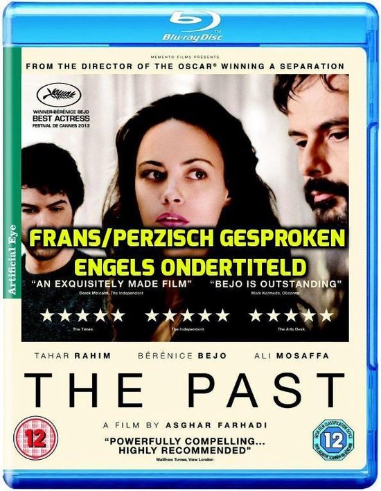 Cover van de Blu-ray disc van 'The Past' met een close-up van Bérénice Bejo, geflankeerd door twee mannen. Geel overlay met 'FRANS/PERZISCH GESPROKEN ENGELS ONDERTITELD'.