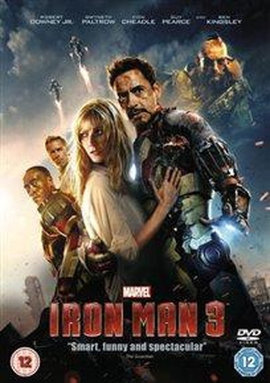 DVD-hoes van Iron Man 3 met Robert Downey Jr. als Iron Man die Gwyneth Paltrow beschermt.