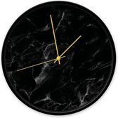 Wandklok Marmer zwart - 30 centimeter Dutch Sprinkles - klok met marmerprint - zwart frame gouden wijzers - geluidloos - klok met glasplaat