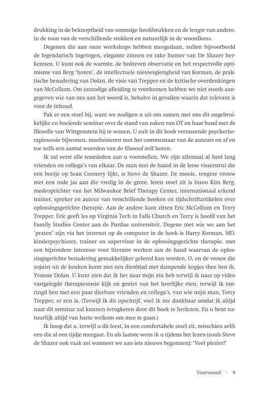 Bladzijde met tekst over de therapie, met vermelding van Steve de Shazer, Harry Korman, Terry Trepper, en Insoo Kim Berg.